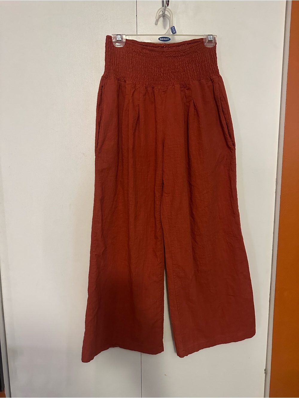 Wide Leg Smocked Waist Pants - Rust Red